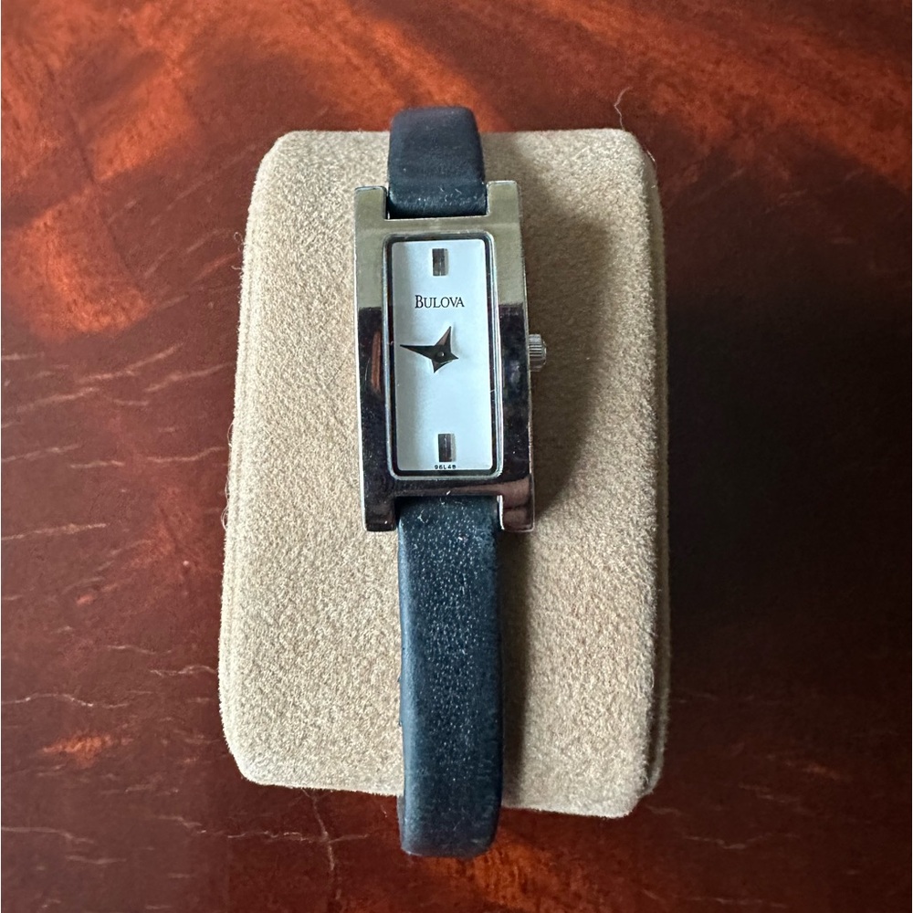 Bulova Silver Quartz Tank Leather Strap Watch